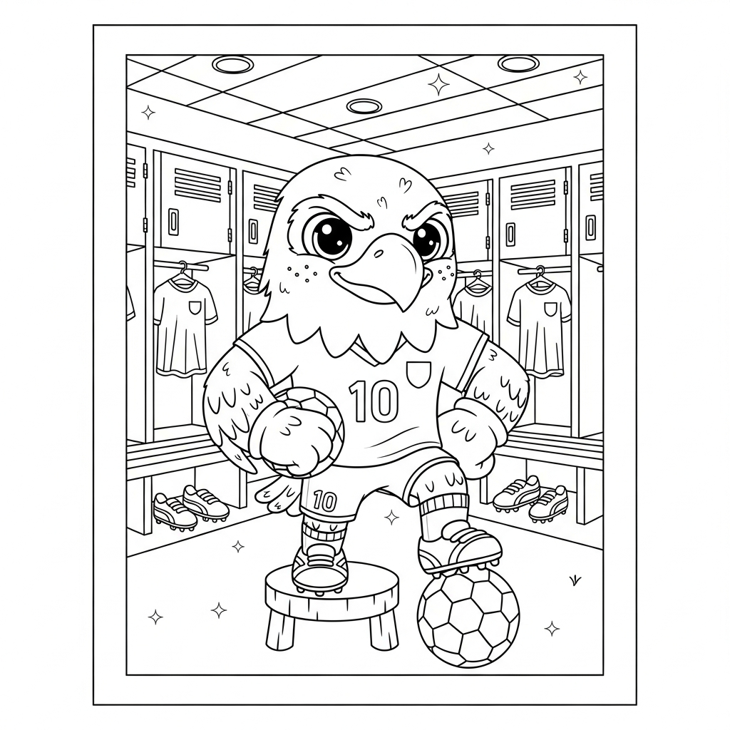 Desenho de Clutch mascote Copa 2026 para colorir subindo em banco no vestiário com armários