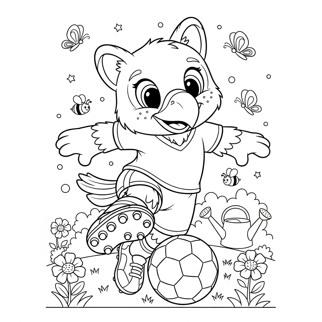 Desenho de Clutch mascote Copa 2026 para colorir fazendo elástico no jardim florido.