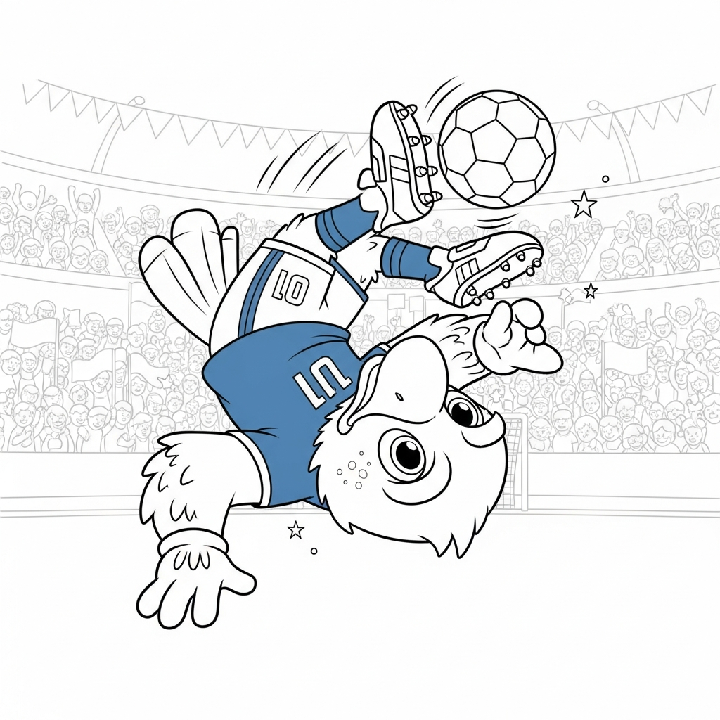 Desenho de Clutch mascote Copa 2026 para colorir fazendo lambreta em estádio lotado