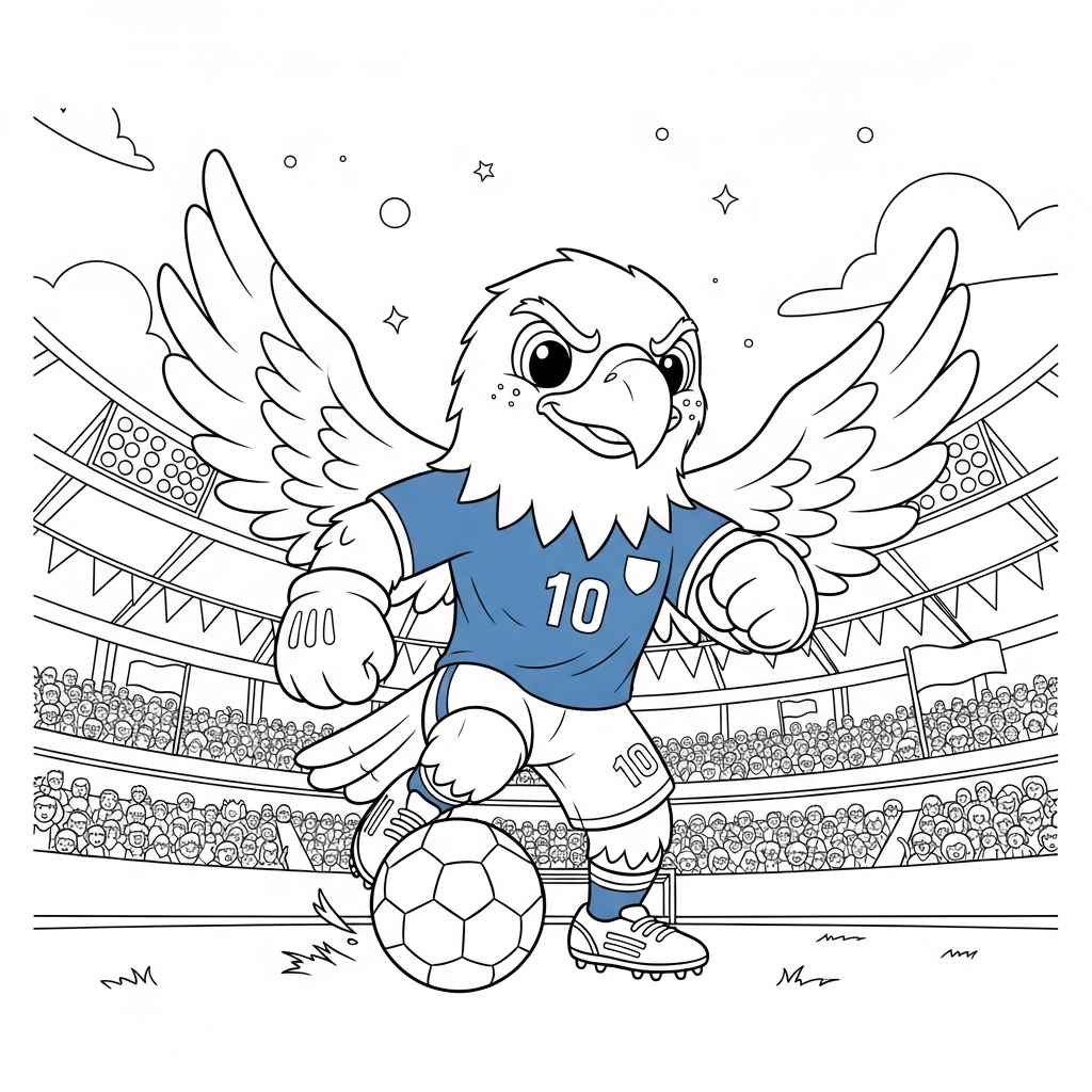 Desenho de Clutch mascote Copa 2026 para colorir passando bola de bico no estádio lotado