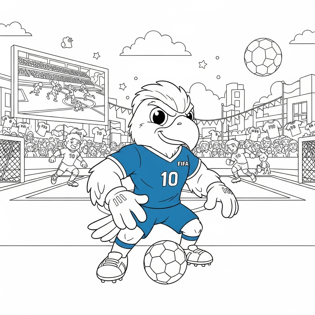 Desenho de Clutch mascote Copa 2026 para colorir protegendo a bola na praça com telão gigante