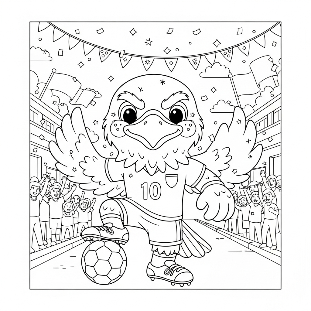 Desenho de clutch mascote copa 2026 para colorir fazendo embaixadinhas em avenida com torcida em desfile