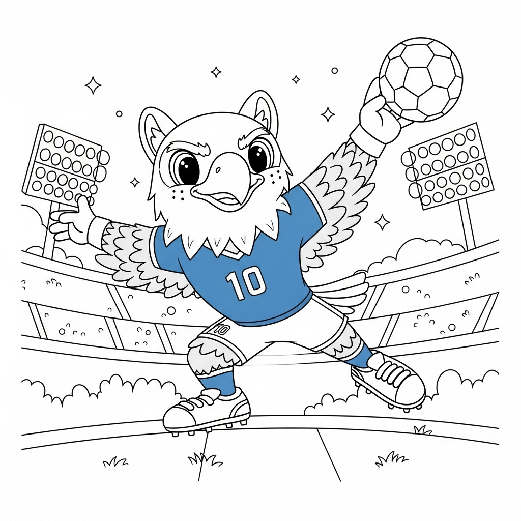 Desenho de Clutch mascote Copa 2026 para colorir defendendo à direita no estádio lotado
