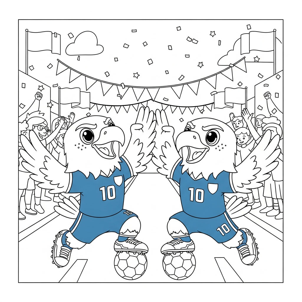 Desenho de Clutch mascote Copa 2026 para colorir comemorando gol na avenida