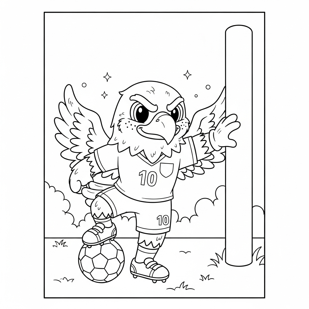 Desenho de clutch mascote copa 2026 para colorir alongando apoiado na trave em cozinha decorada
