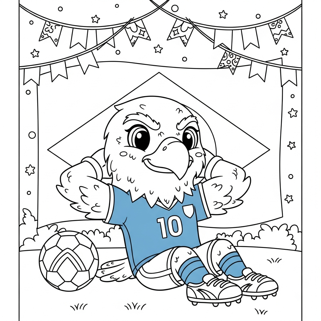 Desenho de Clutch mascote Copa 2026 para colorir fazendo abdominais no quarto infantil.