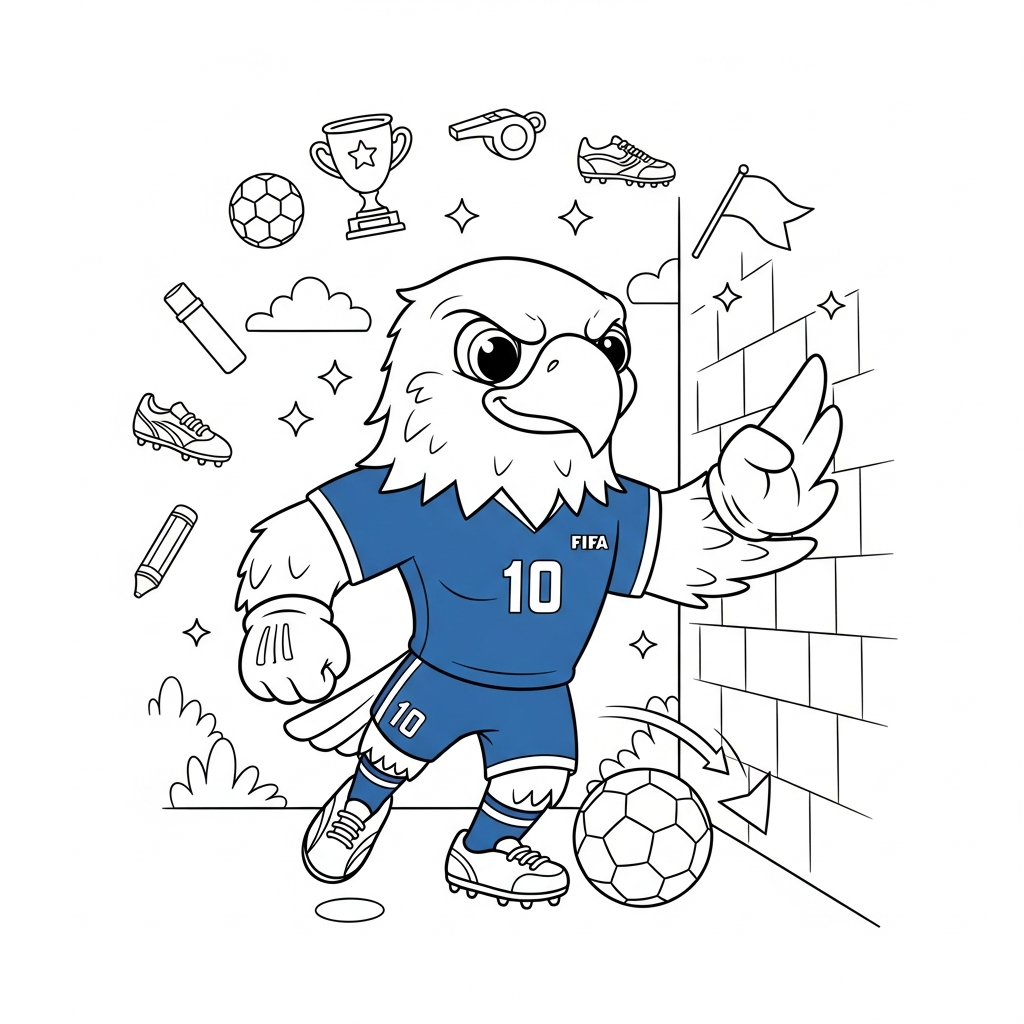 Desenho de Clutch mascote Copa 2026 para colorir chutando no pódio com banner