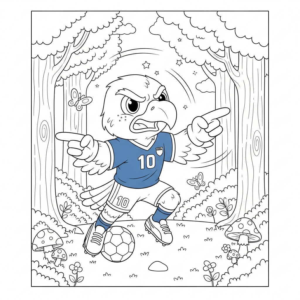 Desenho de Clutch mascote Copa 2026 para colorir discutindo com árbitro na floresta.