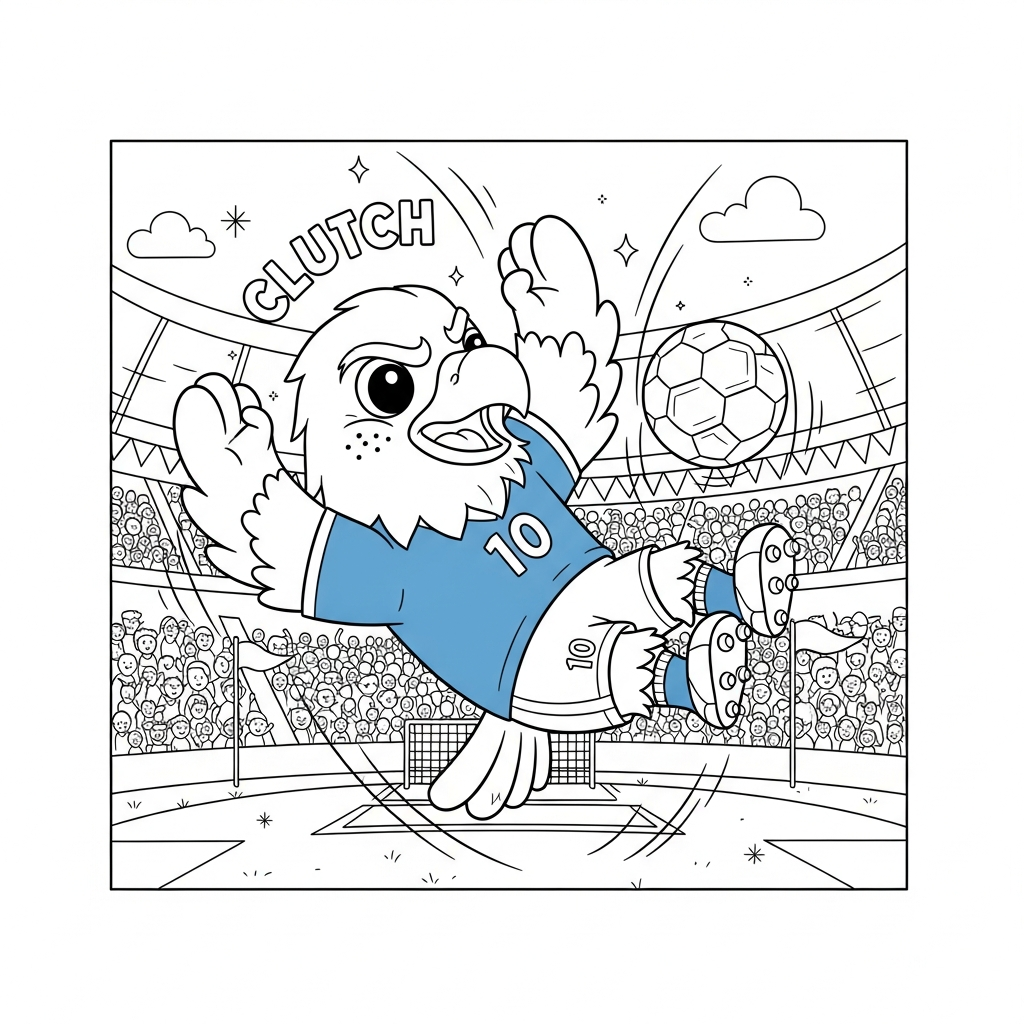Desenho de Clutch mascote Copa 2026 para colorir caindo no estádio lotado
