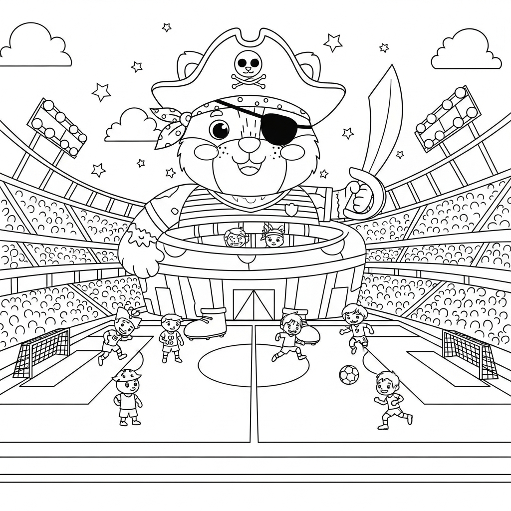 Desenho de estadio de futebol para colorir usando chapéu de pirata com tapa-olho.