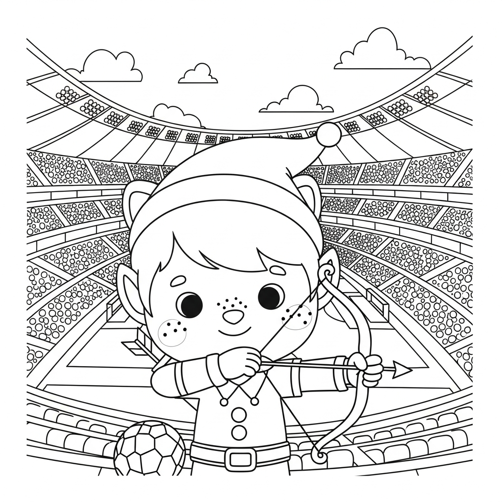 Desenho de estádio de futebol para colorir vestido de elfo com arco e flecha, troféu e medalha