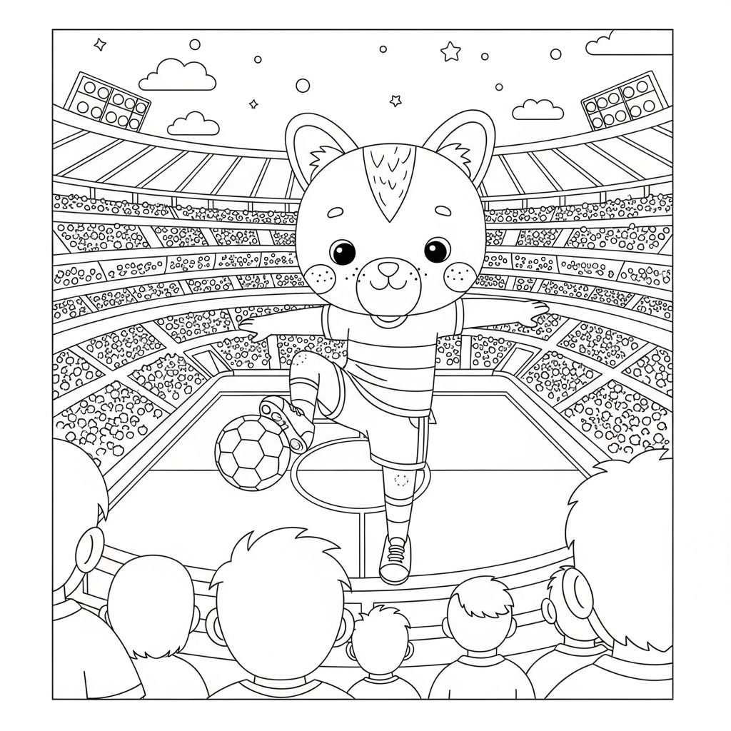 Desenho de estadio de futebol para colorir pedalando sobre a bola com estrelas decorativas
