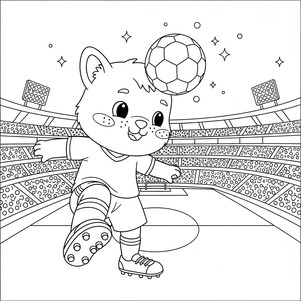 Desenho de estadio de futebol para colorir cabeceando em pé com troféu e medalha decorativos