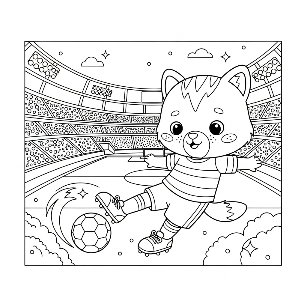 Desenho de estadio de futebol para colorir fazendo passe longo de trivela com estrelinhas e corações