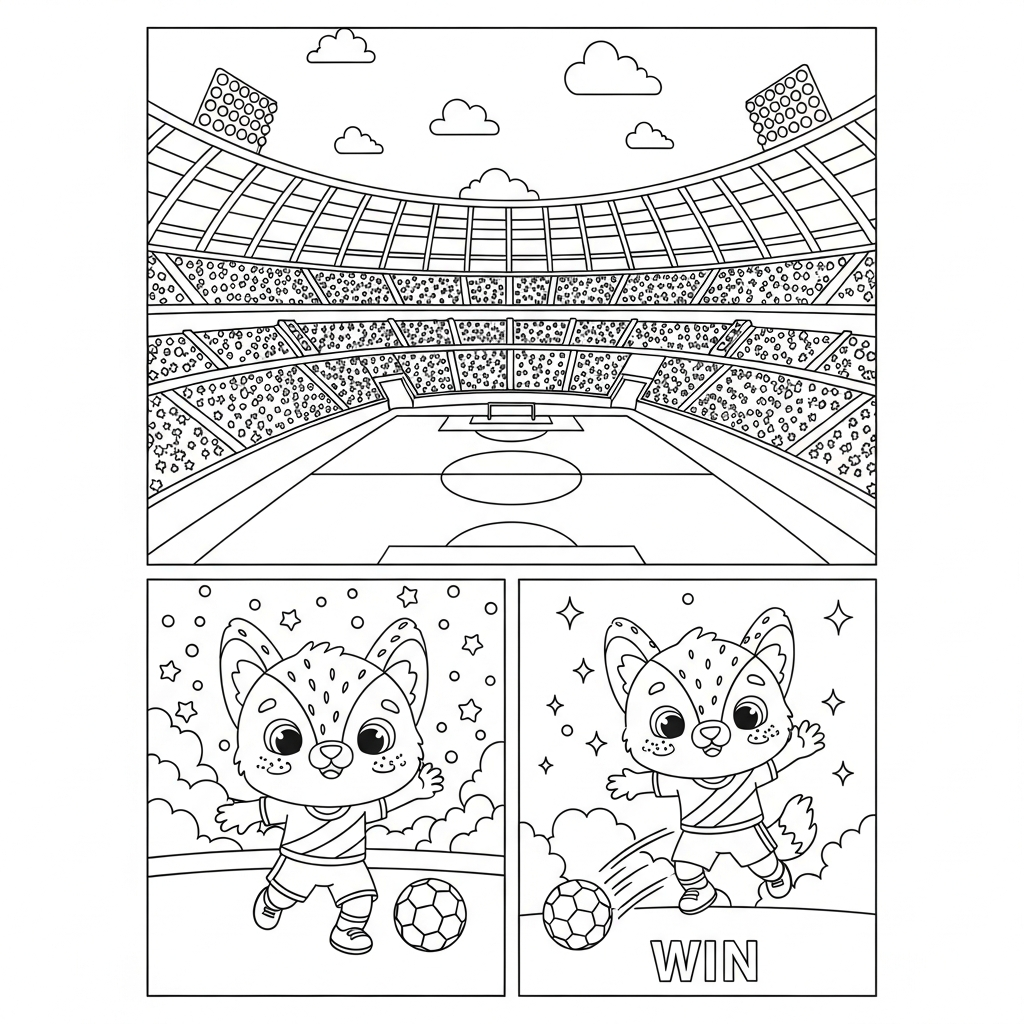 Desenho de estádio de futebol para colorir antecipando o adversário, com bolas e estrelas.