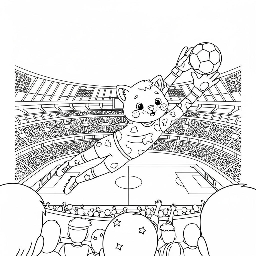 Desenho de estádio de futebol para colorir defendendo com mergulho à esquerda e bandeirinhas flutuando
