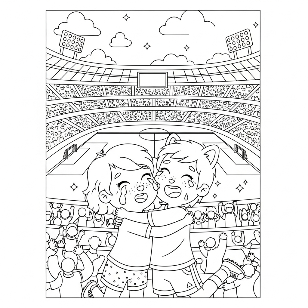 Desenho de estadio de futebol para colorir abraçando após gol emocionante
