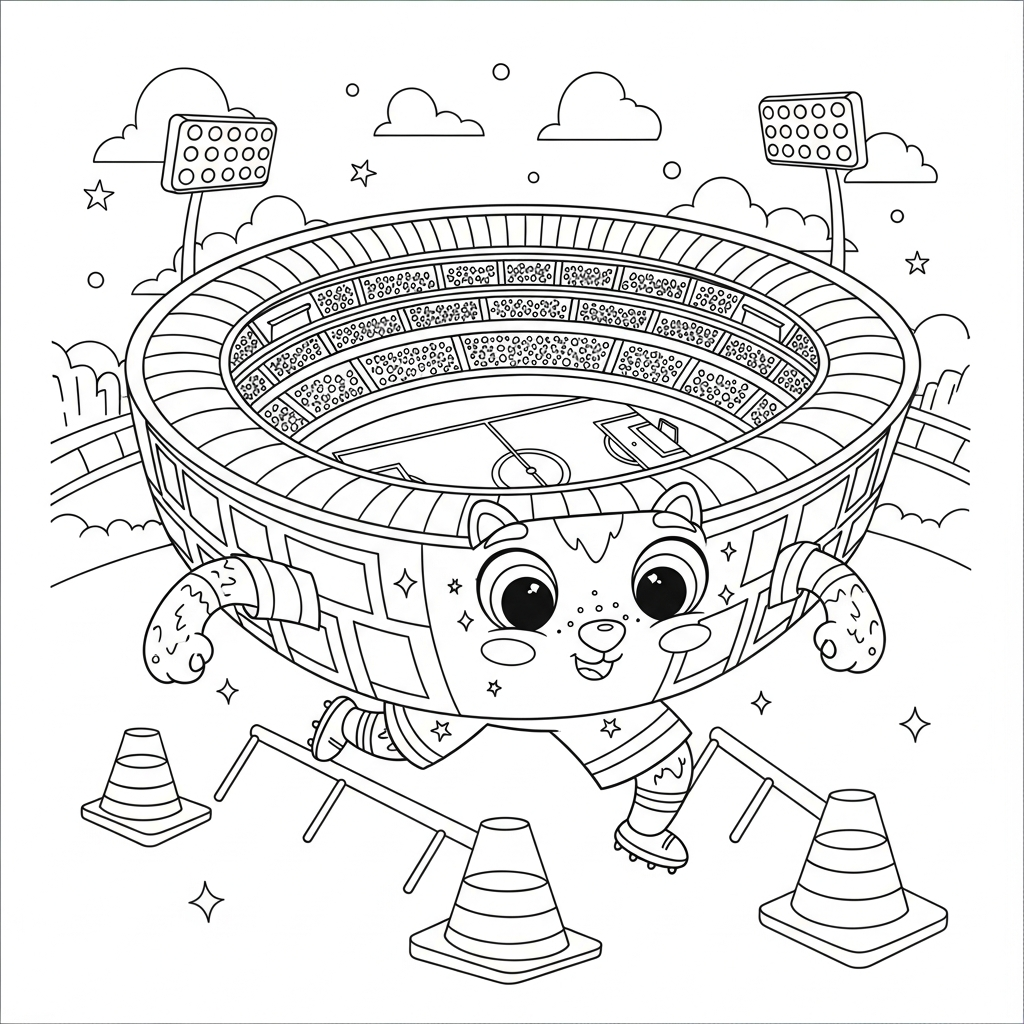 Desenho de estadio de futebol para colorir correndo zigue-zague entre cones com bandeirinhas flutuando