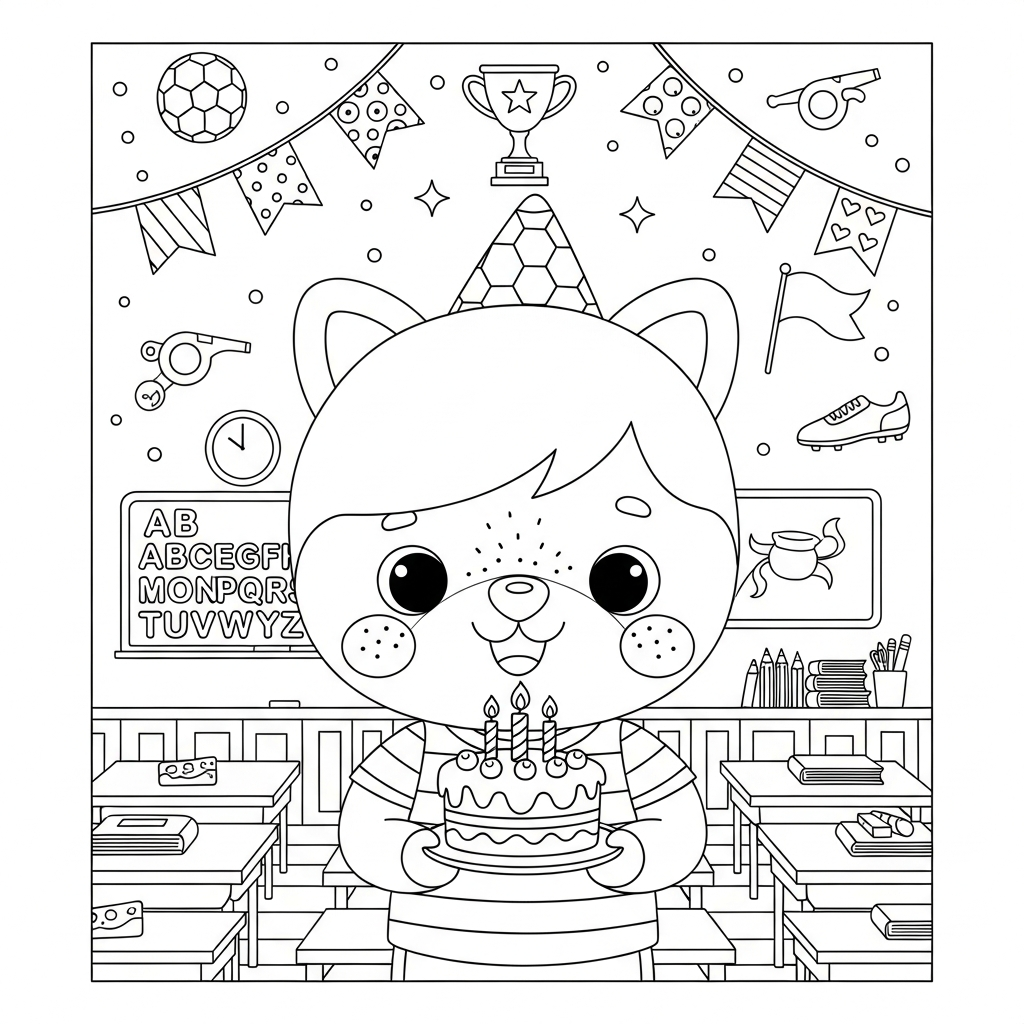 Desenho de estádio de futebol para colorir segurando bolo de aniversário com velas na sala de aula com lousa