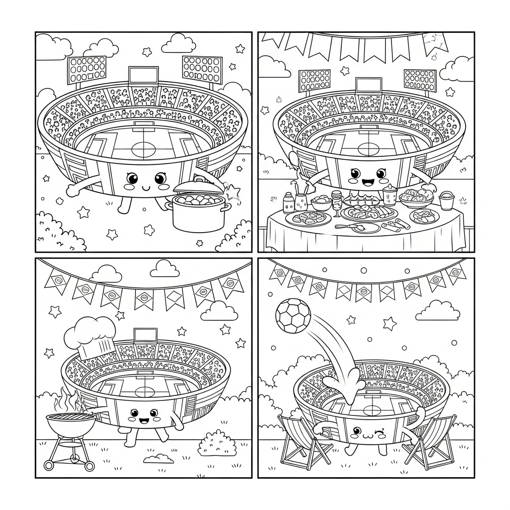 Desenho de estadio de futebol para colorir usando chapéu de chef no churrasco brasileiro