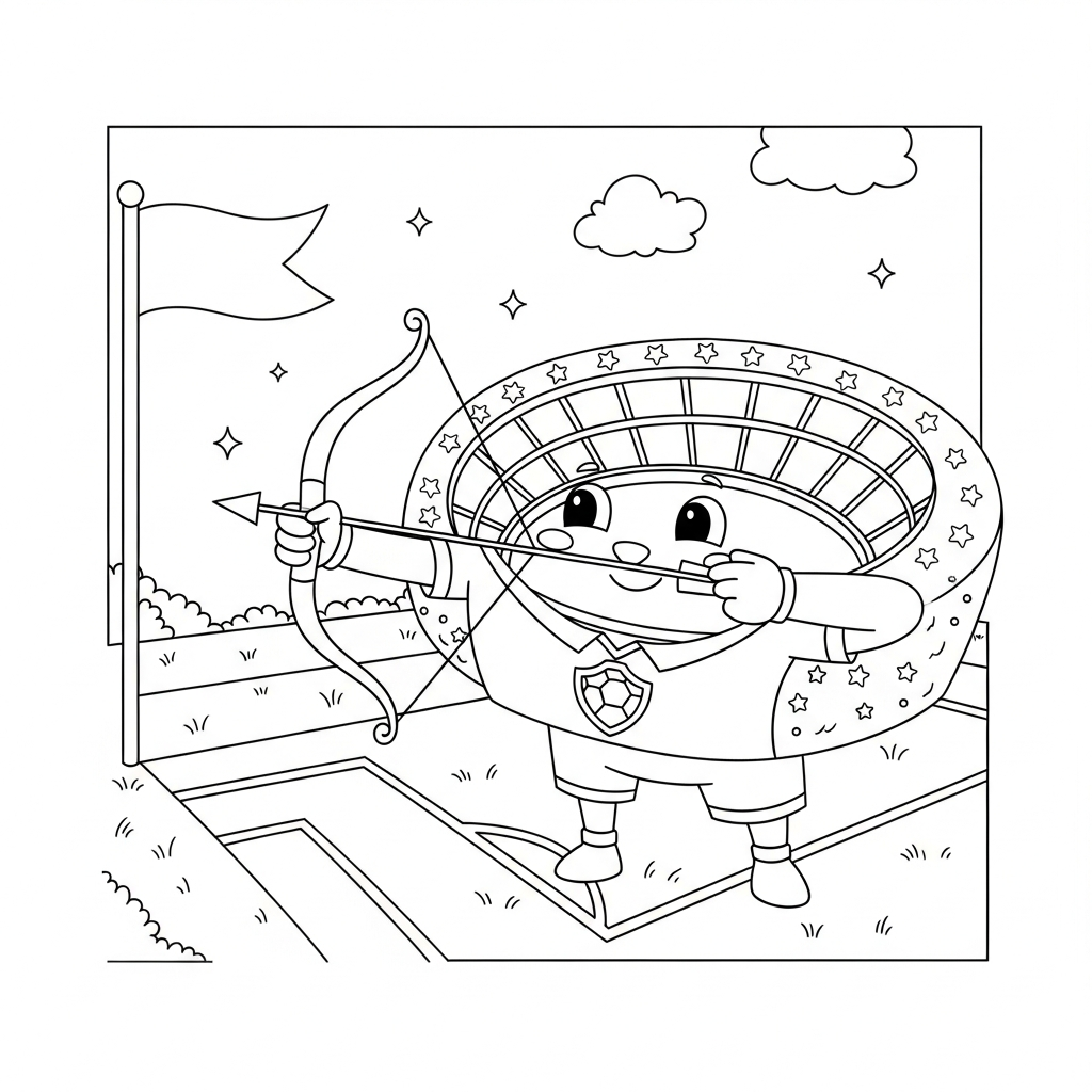 Desenho de estadio de futebol para colorir praticando arco e flecha no escanteio