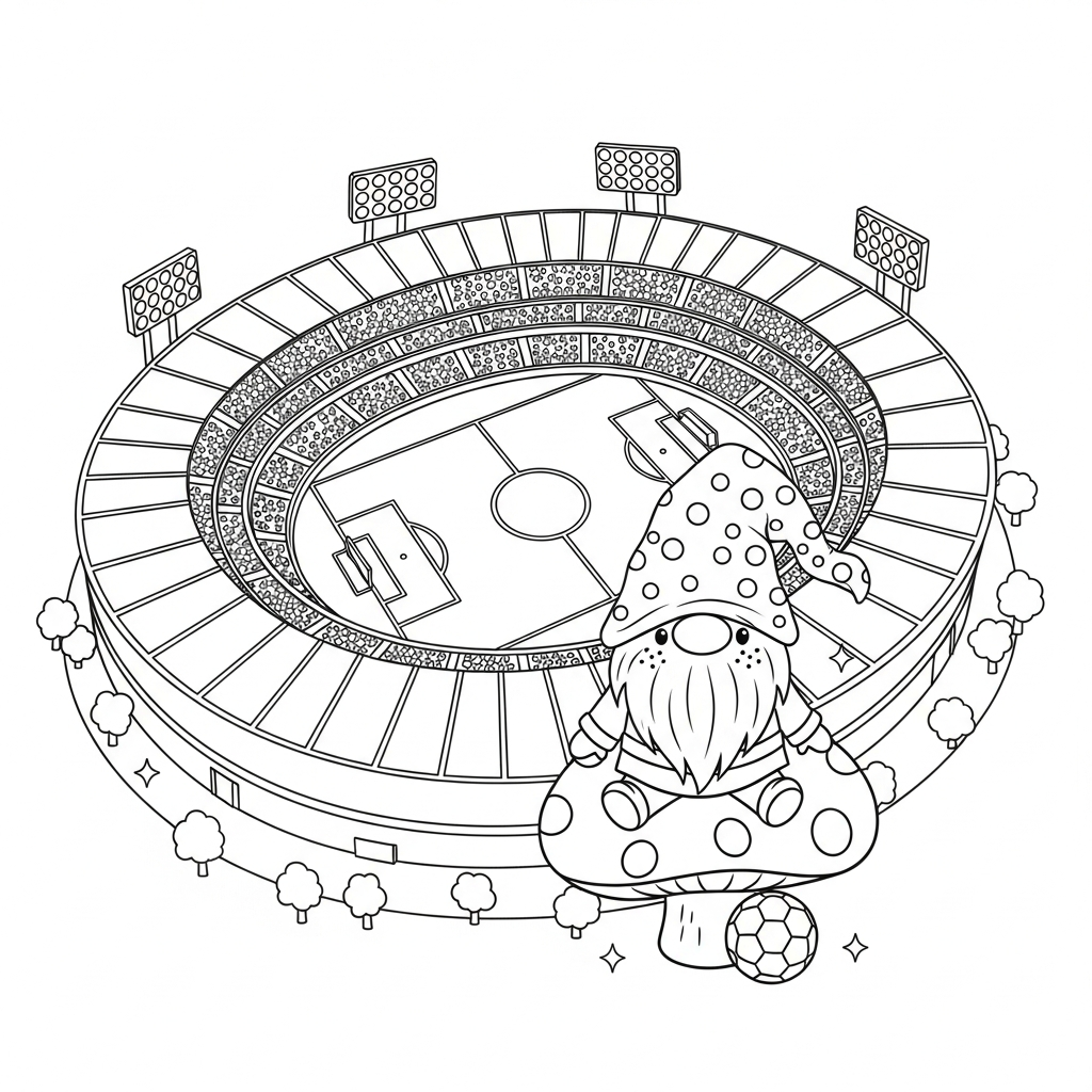 Desenho de estadio de futebol para colorir vestido de duende sentado em cogumelo na praça com telão