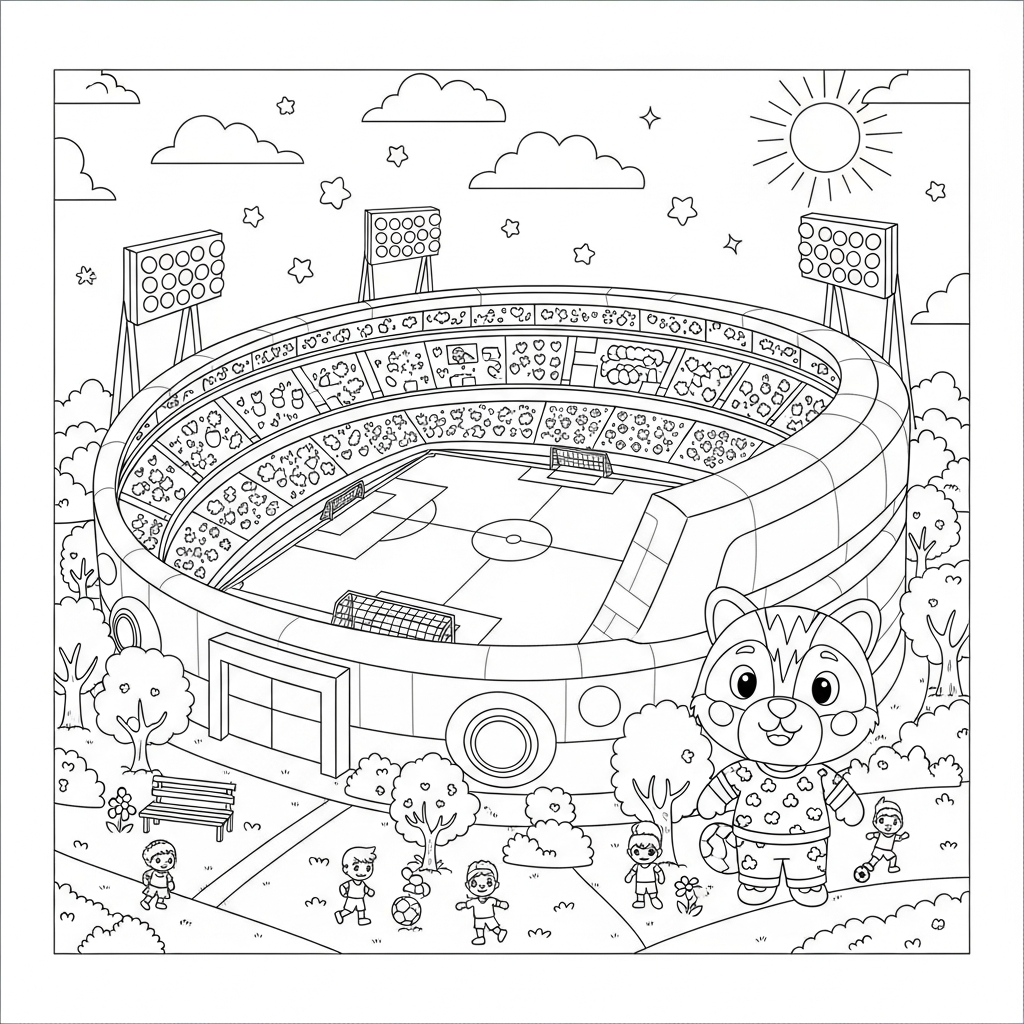 Desenho de estadio de futebol para colorir vestido de robô em parque ensolarado com árvores