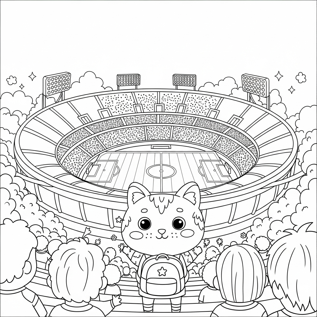 Desenho de estadio de futebol para colorir explorando floresta com mochila em avenida com torcida