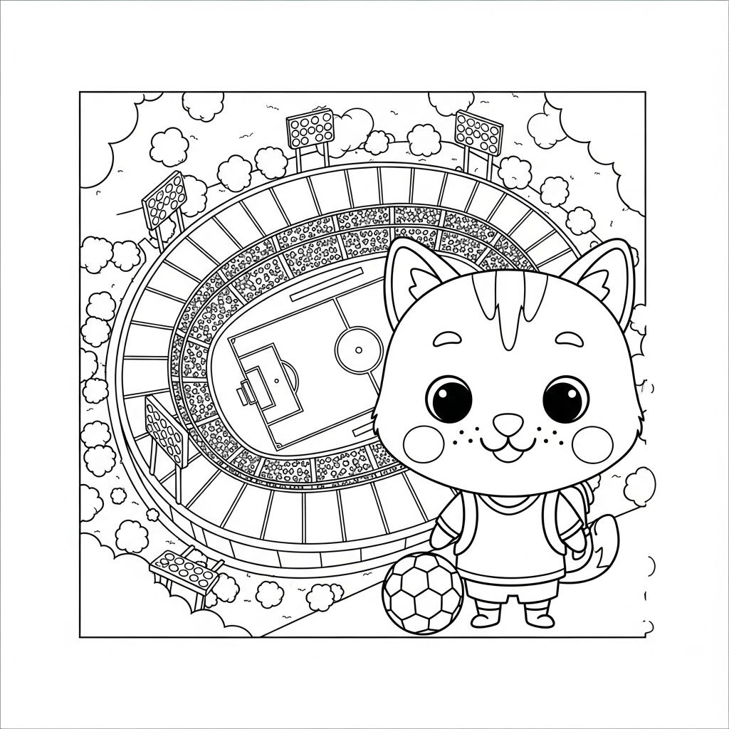 Desenho de estadio de futebol para colorir explorando floresta com mochila em lanchonete com TV ligada