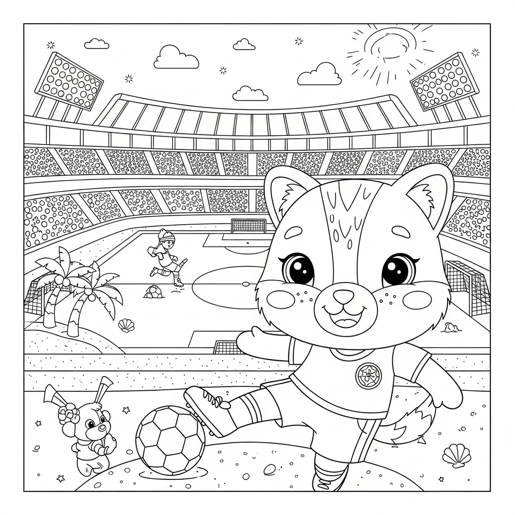 Desenho de estadio de futebol para colorir batendo pênalti decisivo na praia com palmeiras.