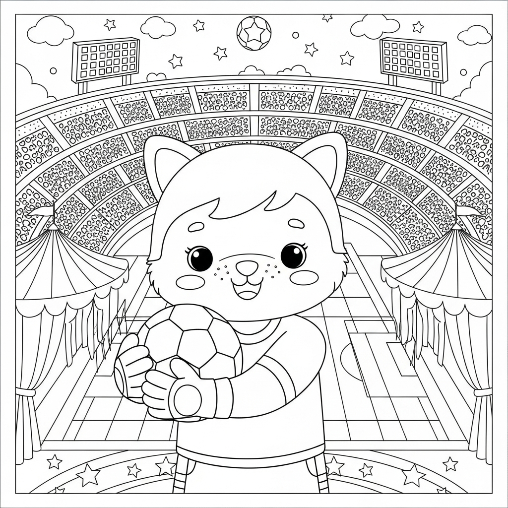 Desenho de estádio de futebol para colorir segurando bola no peito no circo.