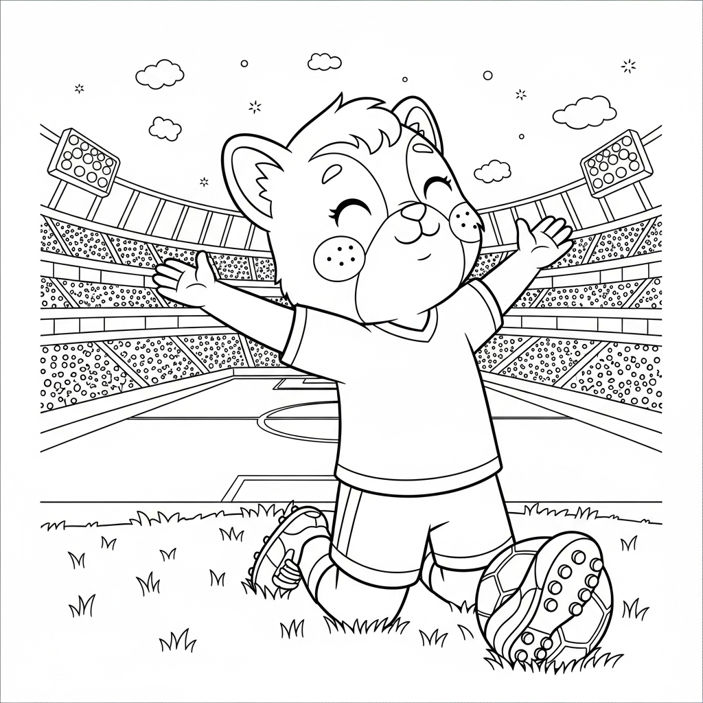 Desenho de estadio de futebol para colorir ajoelhado de braços abertos no pódio com banner da Copa.