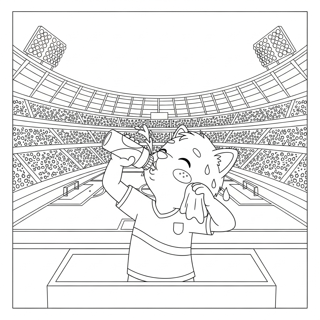 Desenho de estadio de futebol para colorir bebendo água da garrafa na área pequena frente ao gol.
