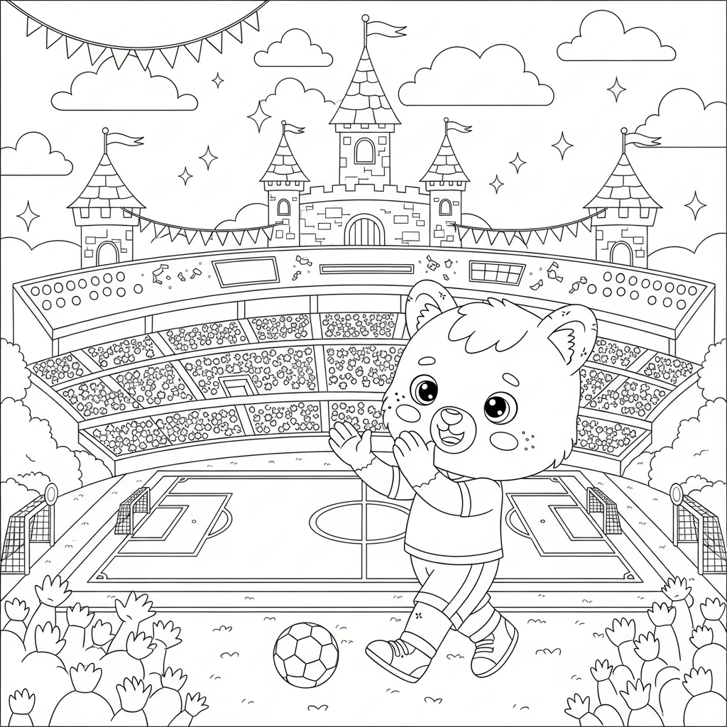 Desenho de estadio de futebol para colorir sendo trocado saindo do campo no castelo.