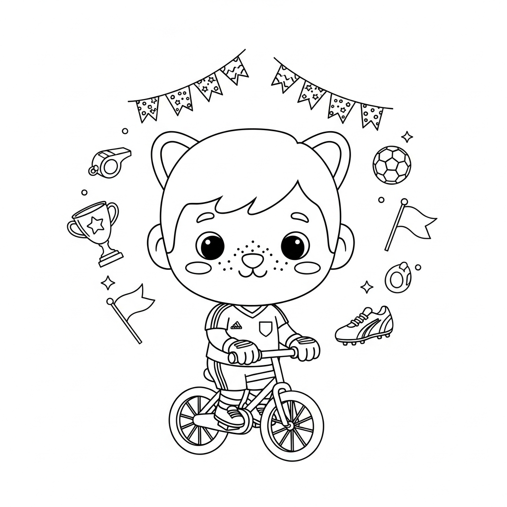 Desenho de goleiro para colorir andando de bicicleta pequena com troféu e medalha