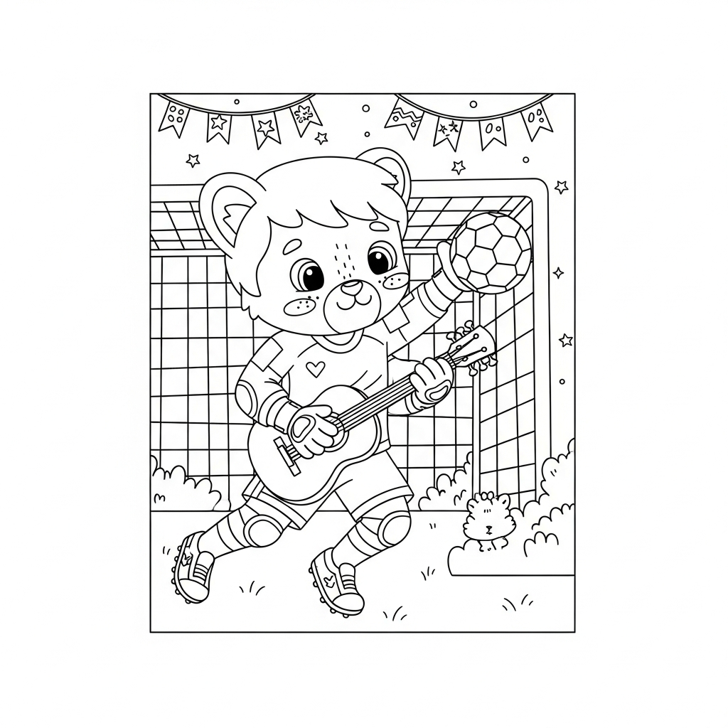 Desenho de goleiro para colorir tocando violão com expressão tranquila