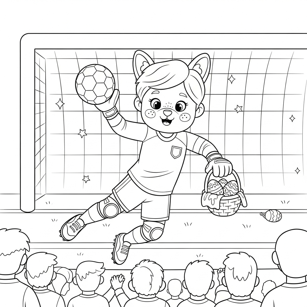 Desenho de goleiro para colorir segurando cesta de Páscoa com ovos