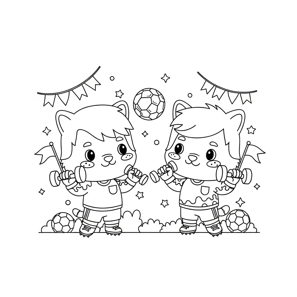 Desenho de goleiro para colorir levantando halteres pequenos com expressão concentrada
