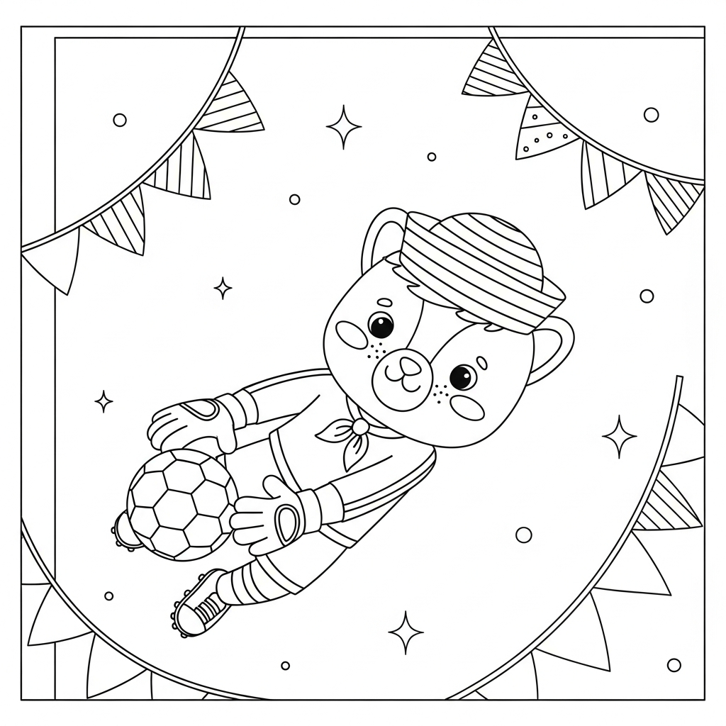 Desenho de goleiro para colorir vestido de marinheiro com chapéu listrado e bandeirinhas flutuando