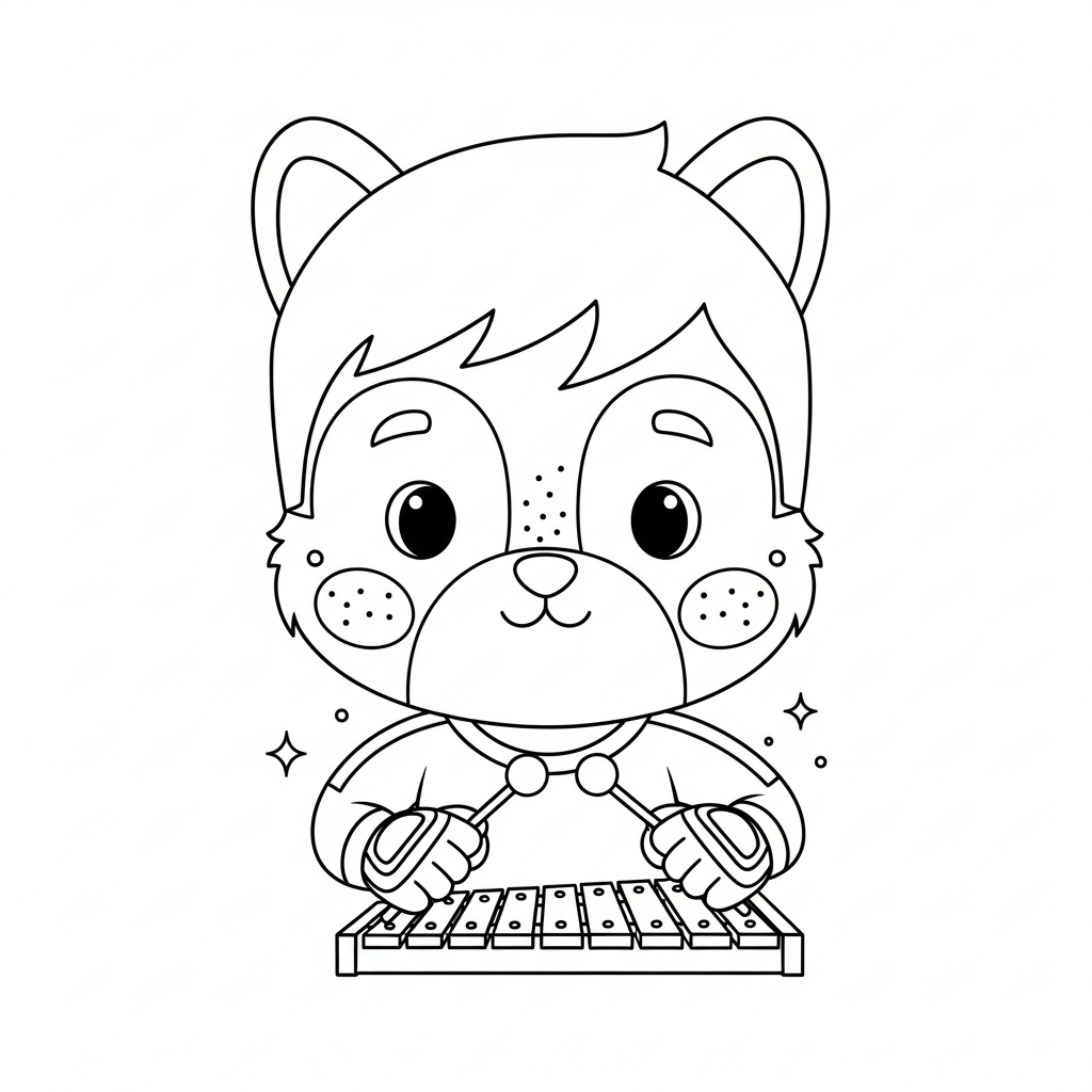 Desenho de goleiro para colorir tocando xilofone com baquetas, estrelinhas e corações decorativos.
