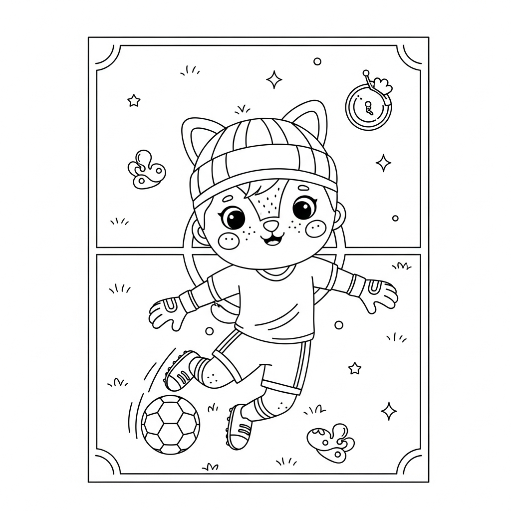 Desenho de goleiro para colorir passando bola de calcanhar com bandeirinhas flutuando