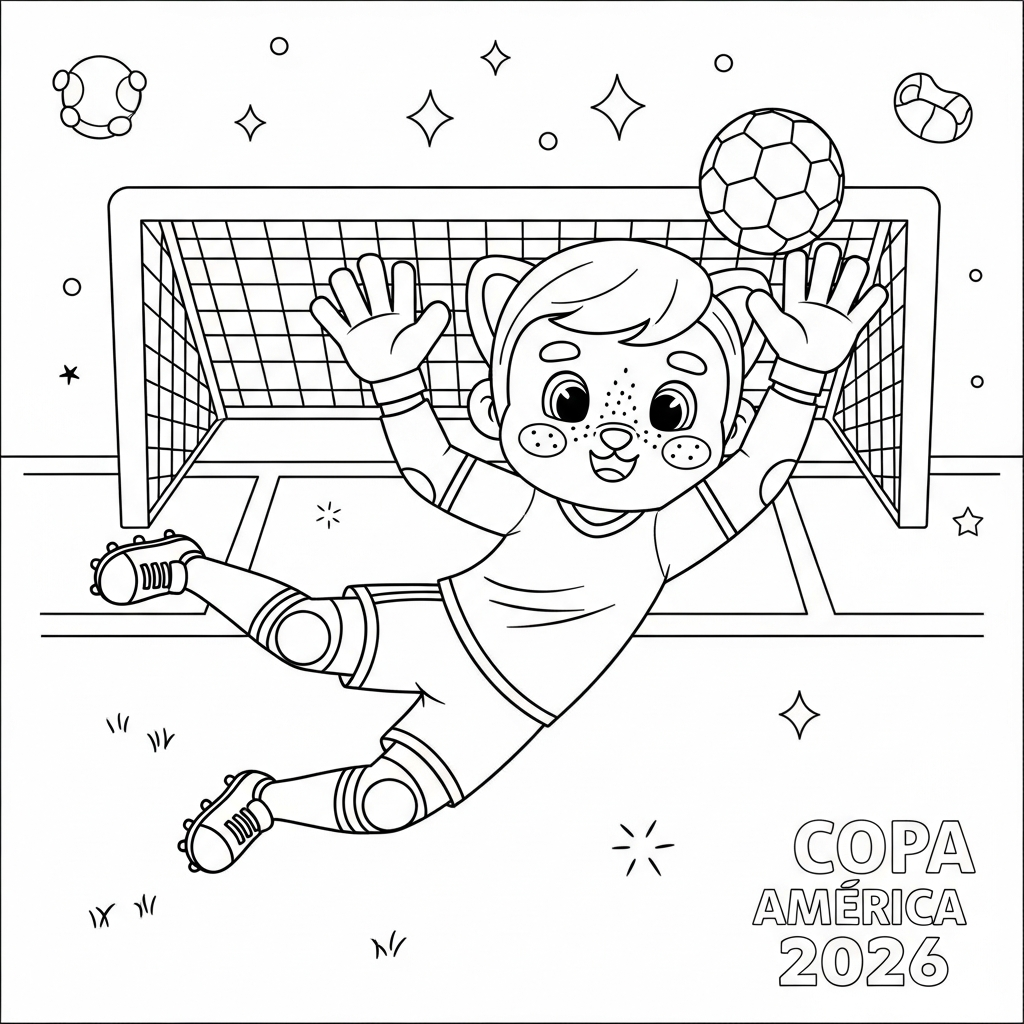 Desenho de goleiro para colorir interceptando passe com troféu e medalha decorativos