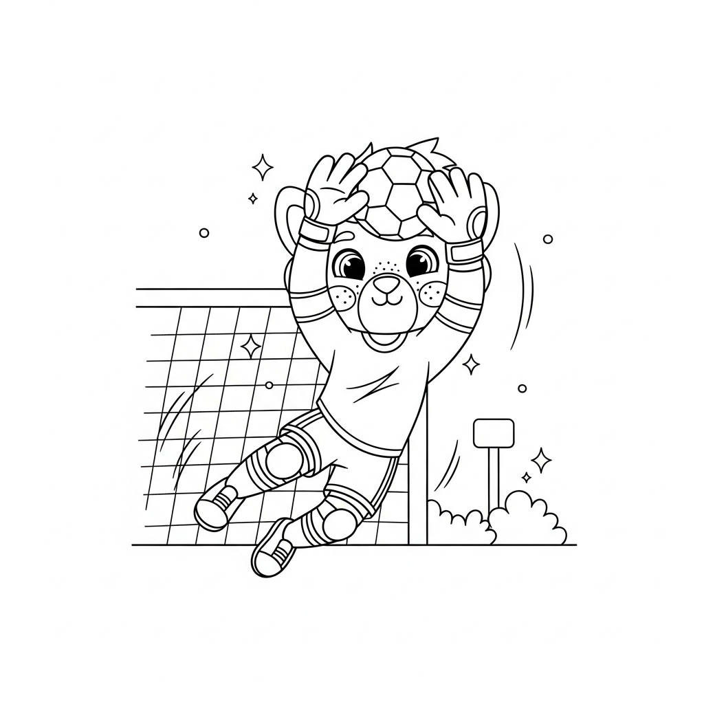 Desenho de goleiro para colorir pulando na barreira com estrelinhas e corações decorativos