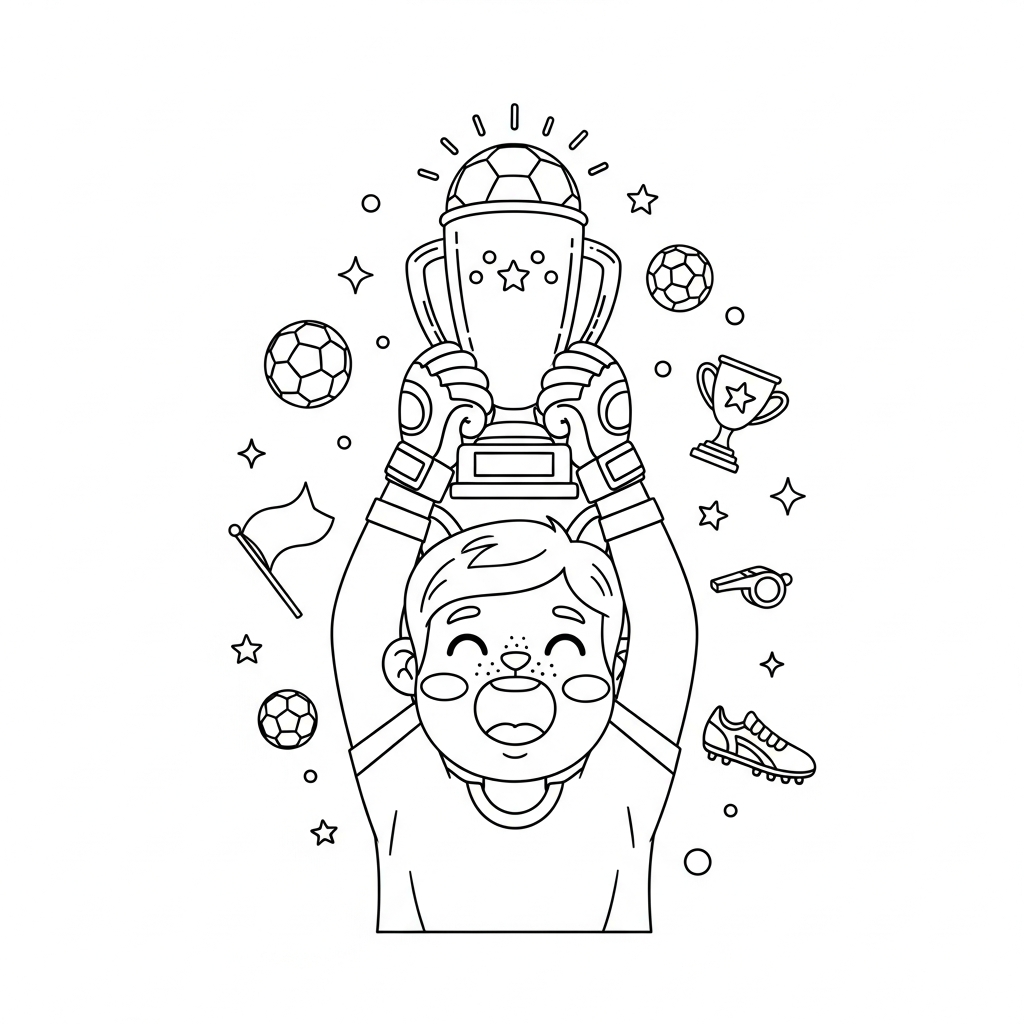 Desenho de goleiro para colorir erguendo troféu acima da cabeça com bolas e estrelas