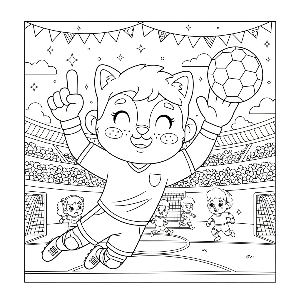 Desenho de goleiro para colorir apontando para o céu com bolas e estrelas