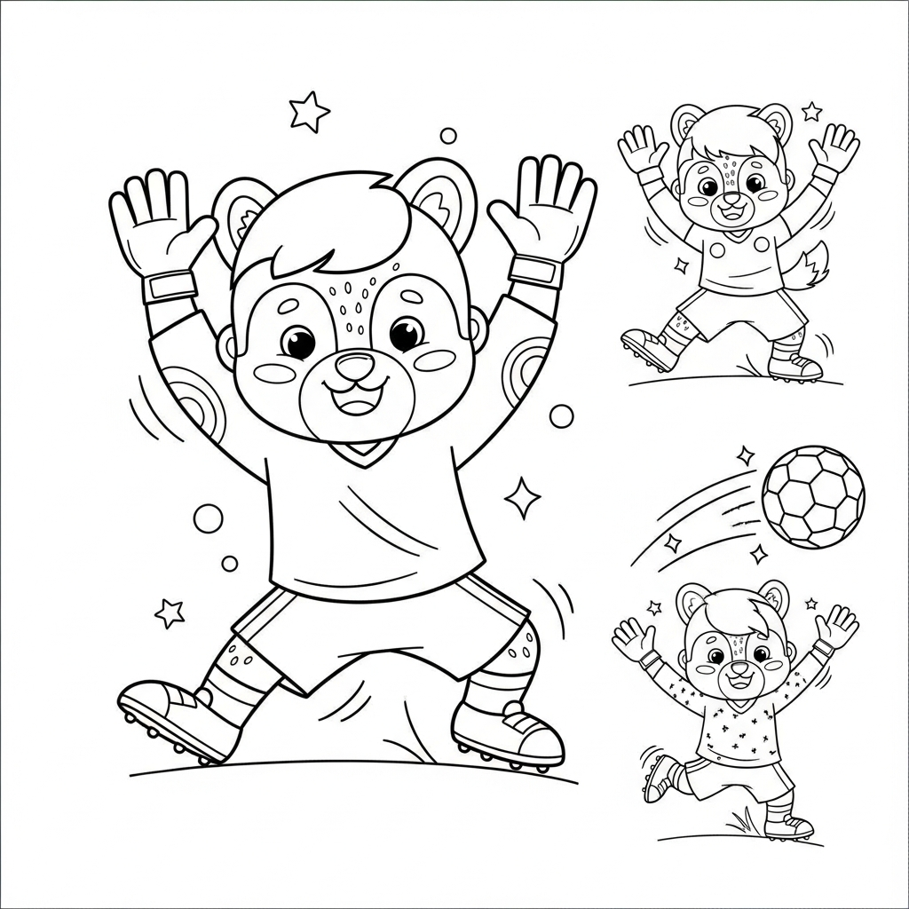 Desenho de goleiro para colorir fazendo polichinelo ao lado de uma bola pequena.