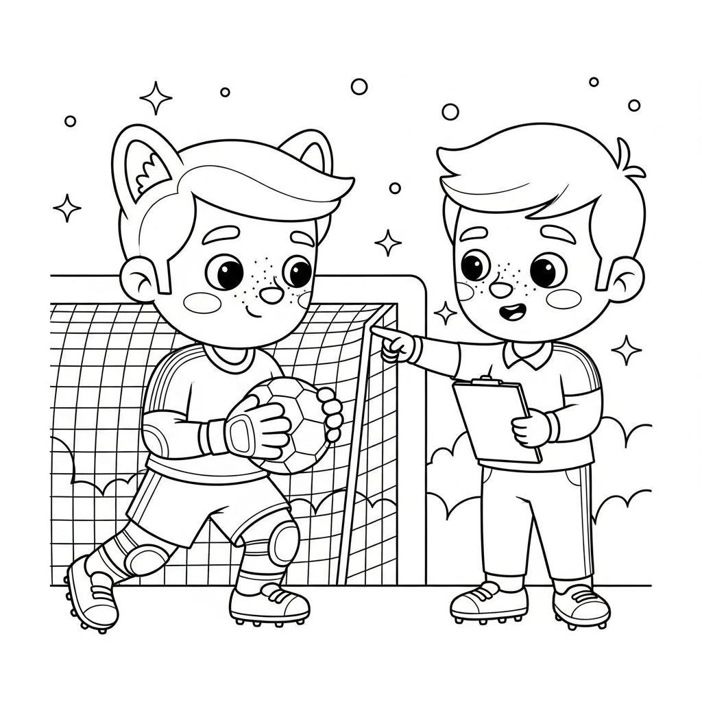 Desenho de goleiro para colorir conversando com técnico na lateral com apito