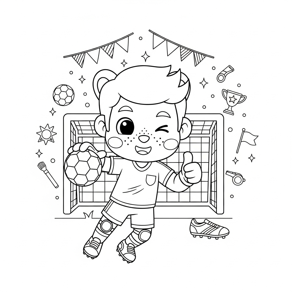Desenho de goleiro para colorir piscando o olho com joinha no campo.