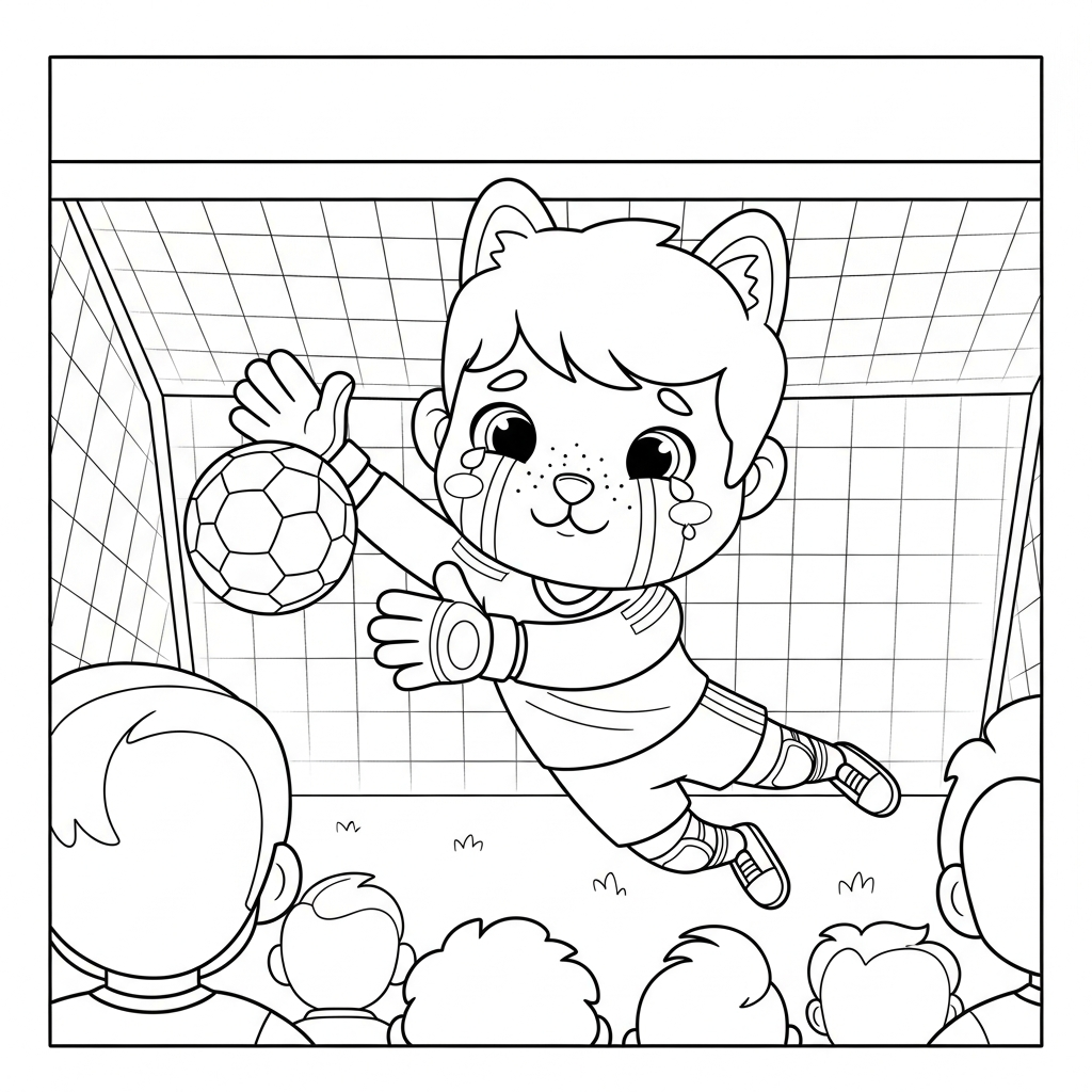 Desenho de goleiro para colorir chorando com lágrimas grandes em parque ensolarado com árvores
