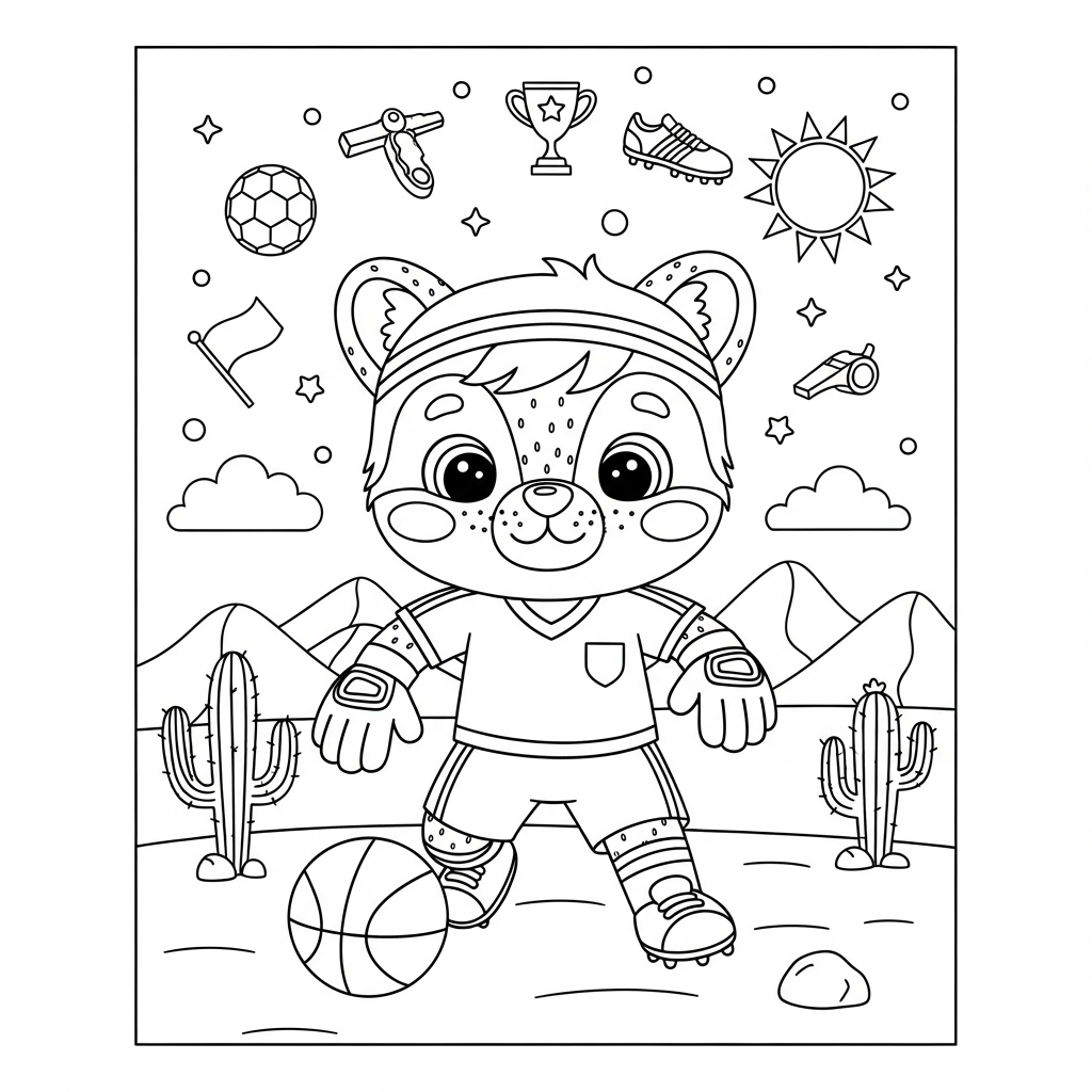 Desenho de goleiro para colorir driblando bola de basquete no deserto com cactos